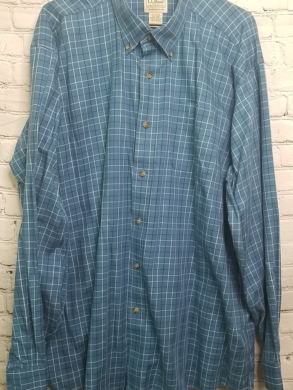 L.L.Bean Mens Shirt Large Blue White Black Print EUC